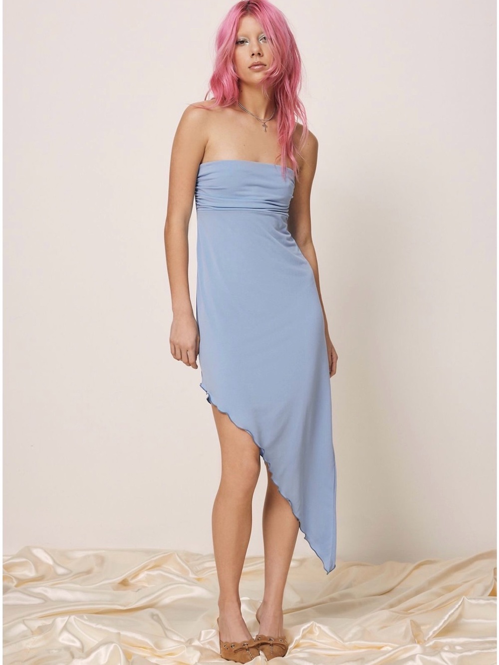 Urban Outfitters Y2K Strapless Asymmetric Midi Dress in Light Blue